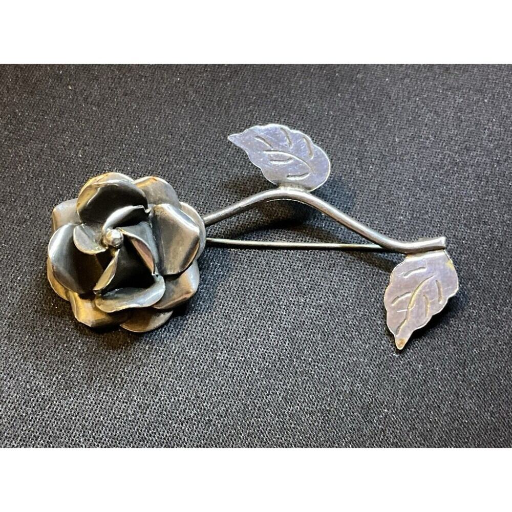 925 Silver Taxco Rose W/ Stem & Leaves Brooch